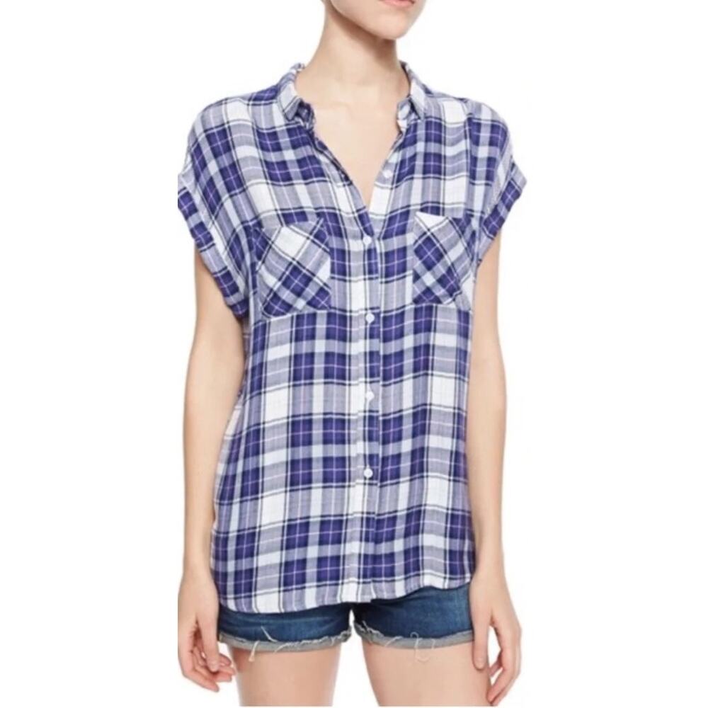 Rails Britt Plaid Cap Sleeve Button Down Shirt Rayon Red White Blue Medium M